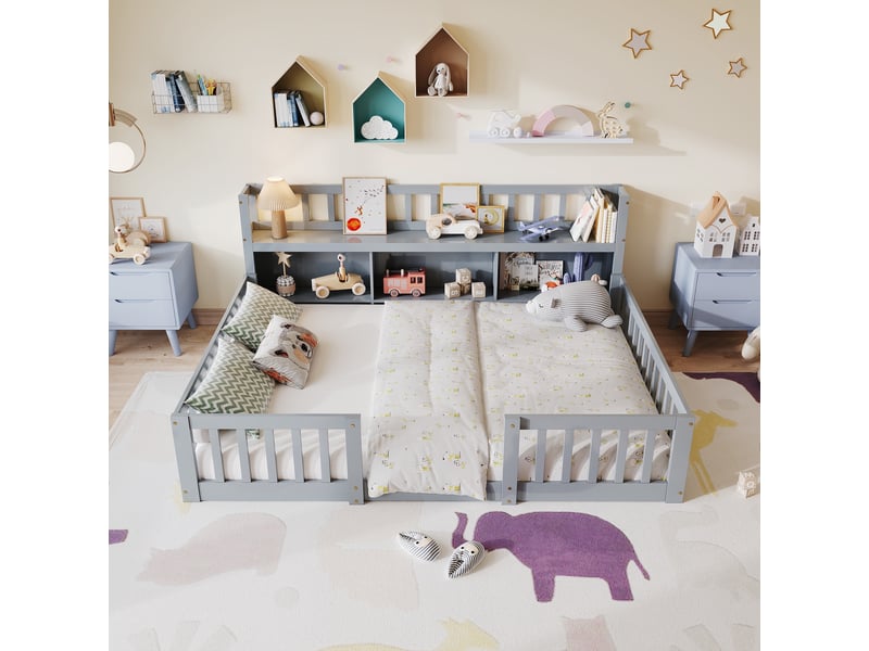  Lit enfant montessori 140x200 cm, lit simple, lit au sol montessori avec bibliothèque et barrières, bois, sommier, gris  - Conforama D