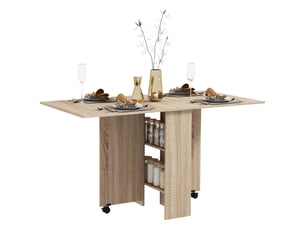 Table à manger pliante mobile sur roulettes 2 plateaux rabattables et 2 étagères intégrées 140 x 80 x 74 cm naturel