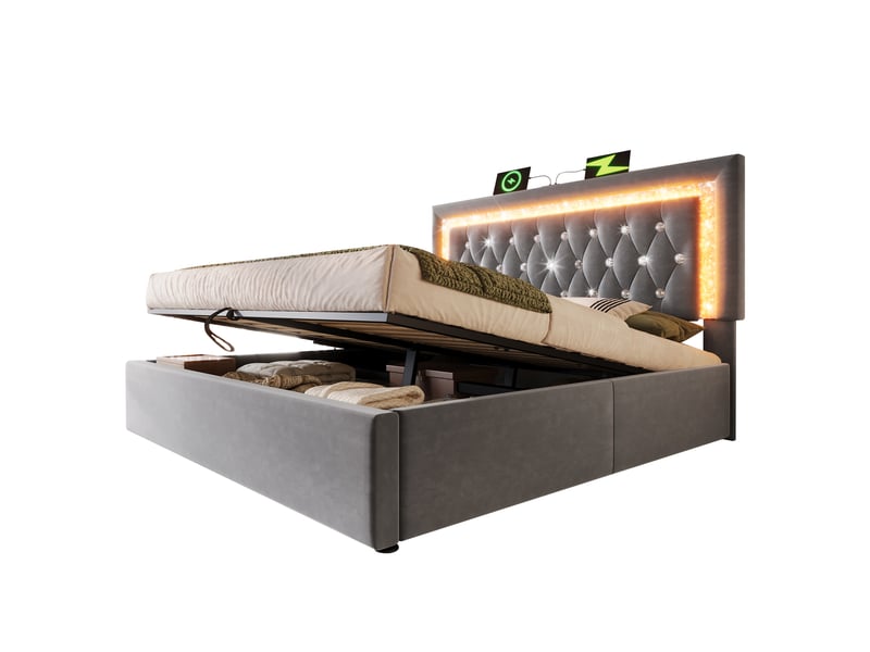  Lit coffre, lit double 160x200 cm, rangement hydraulique, led, usbusb-c, sommier à lattes, matelas inclus, velours gris  - Conforama R