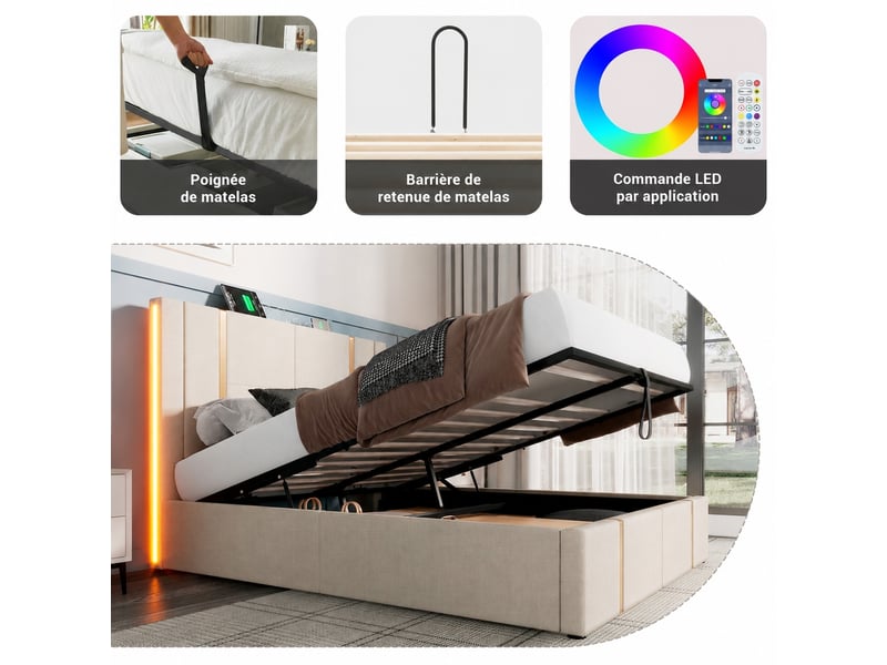 Lit coffre 160x200 en lin beige, led et ports usbusb-c, sommier inclus  - Conforama E