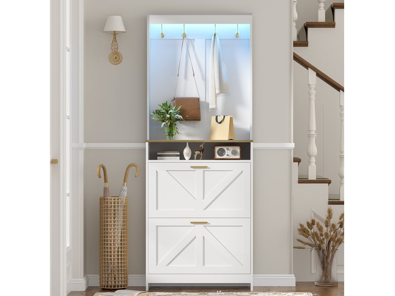  Meuble à chaussures 70x24x180 cm avec led et 2 abattants blanc et naturel  - Conforama D