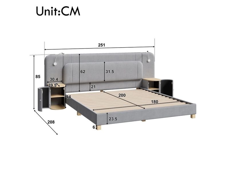  Lit double 180 x 200 cm en velours côtelé - lit adulte avec 2 chevets et lampes de chevet - mdf - gris (sans matelas)  - Conforama C