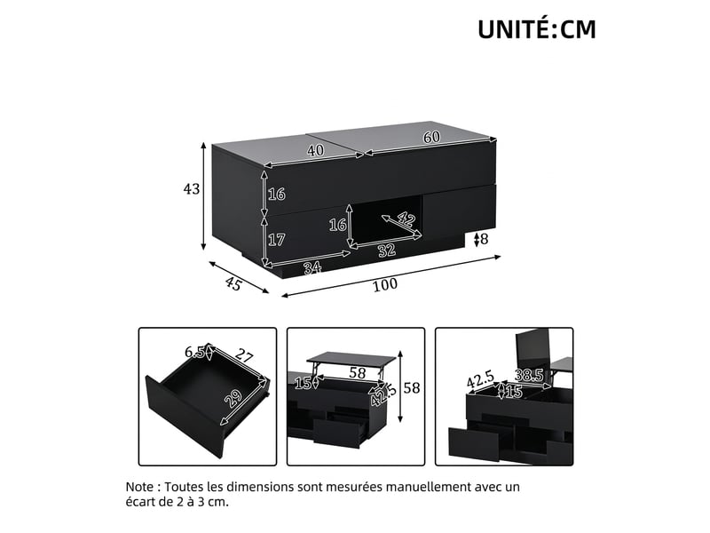 Table basse relevable avec éclairage led 100x45cm - rangement caché et deux tiroirs - Conforama C