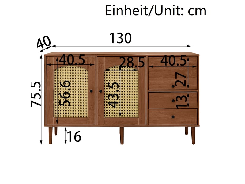  Buffet bas style campagne avec portes en rotin – 130 x 40 x 75,5 cm – bois  - Conforama E