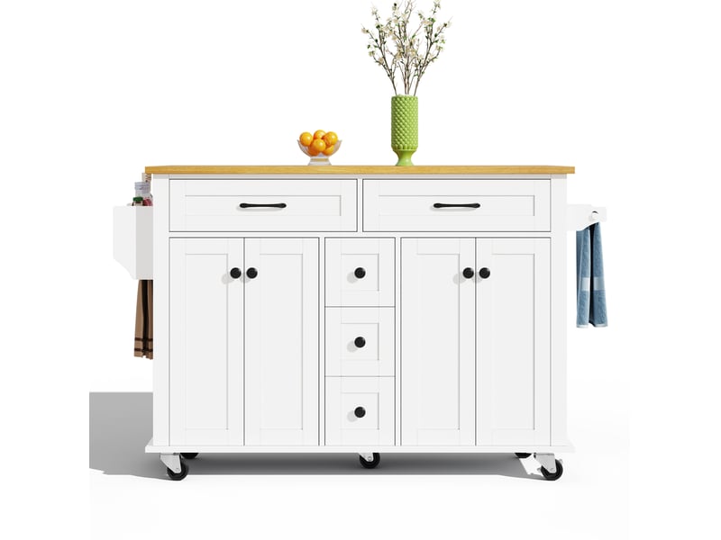  Desserte de cuisine 140x65x89 cm blanc et naturel en mdf, plateau rabattable, 5 tiroirs et 2 placards  - Conforama E