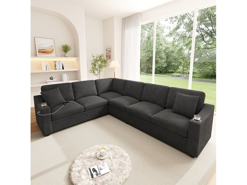 Canapé d'angle modulaire 6 à 7 places avec ports usb et usb-c, porte-gobelets et coussins en velours côtelé gris - Conforama C