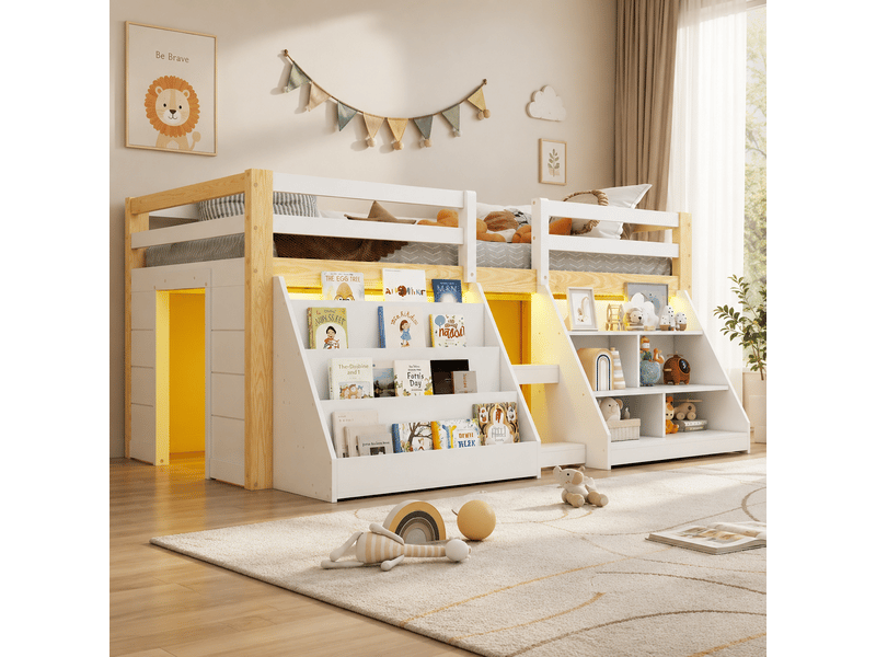  Lit enfant mi-hauteur 90 x 200 cm avec étagères, led intégrée, barrière de sécurité et échelle, pin, blanc et naturel Bliss Lite - Conforama B