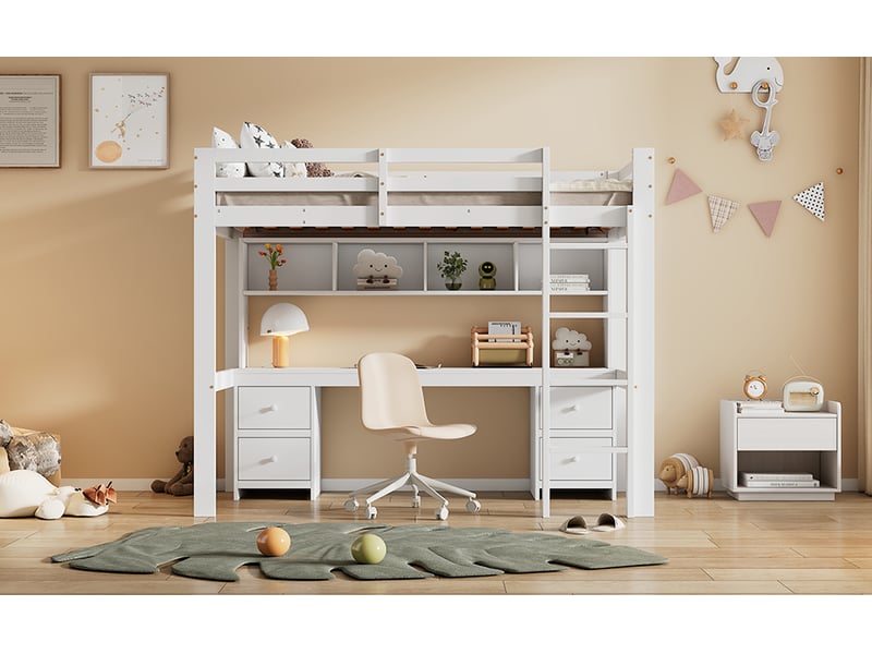 Lit superposé 90x200 cm avec bureau et rangements blanc en bois de pin structure haute sécurité Sol Morn - Conforama D