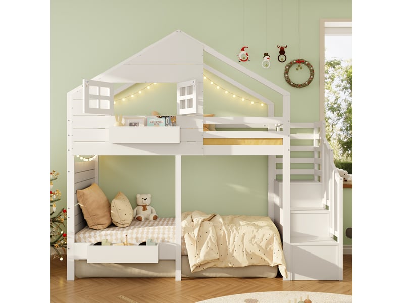  Lit superposé enfant 90x200 cm avec escalier de rangement et fenêtre, bois et mdf, blanc, sans matelas  - Conforama B
