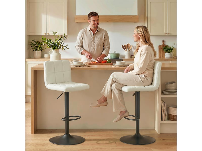  Ensemble de 2 tabourets de bar réglables avec repose-pieds, cuir pu et acier, 39,5 x 44 x 88-110 cm, crème  - Conforama D