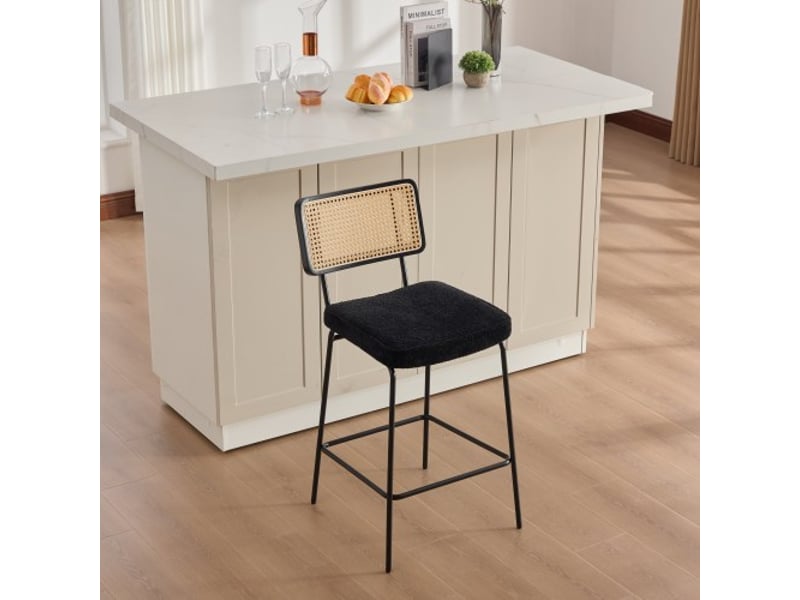  Tabourets de bar modernes noirs – assise chenille, cadre bois-rotin, pieds laqués – 2 pièces par paquet  - Conforama B