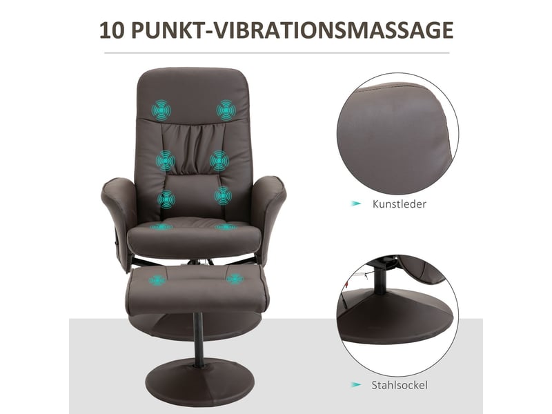  Fauteuil l76 x p81 x h105 cm fonction inclinable rotation à 360° 10 points de massage revêtement en similicuir coloris marron  - Conforama D