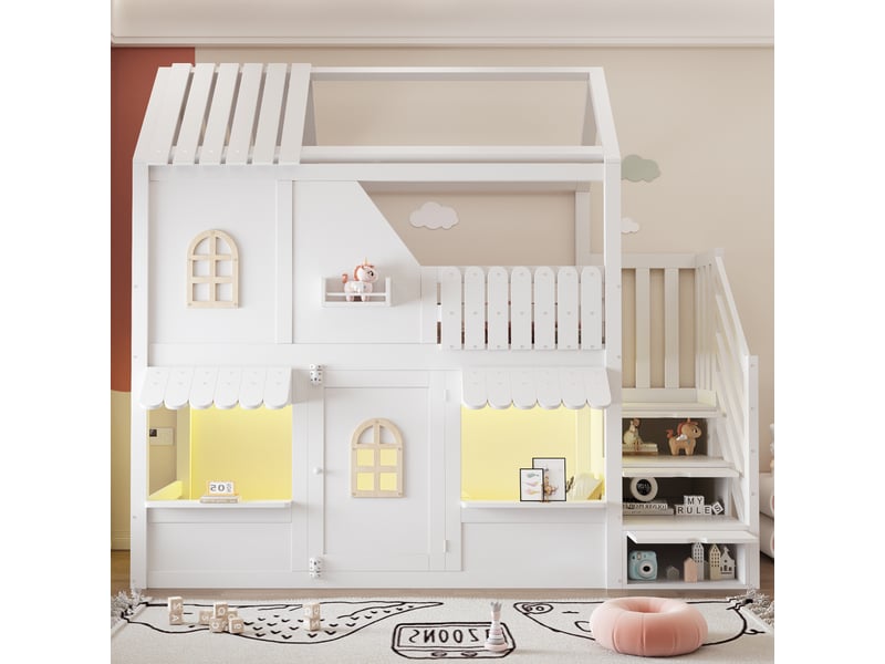  Lit superposés cabane 90x200cm,toit, fenêtre et porte,escalier de rangement, led, bois blanc ABC - Conforama B