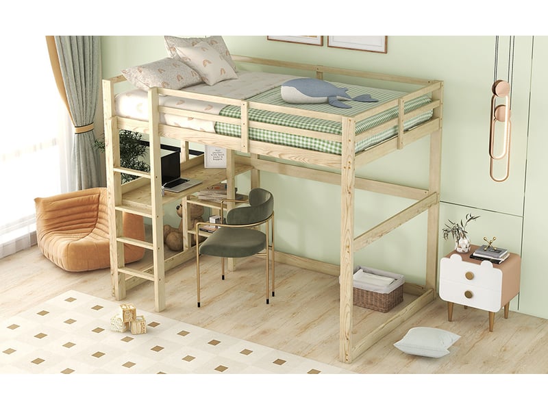  Lit mezzanine enfant 140x200 cm en pin naturel avec bureau et 4 rangements  - Conforama E
