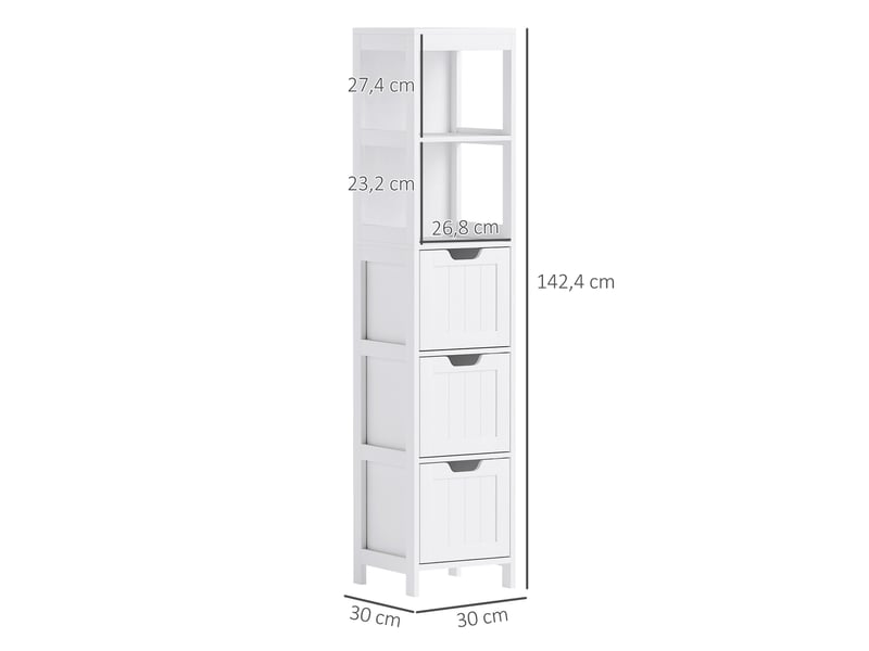  Meuble de salle de bain, 2 étagères, 3 tiroirs, matériau hydrofuge, blanc  - Conforama E