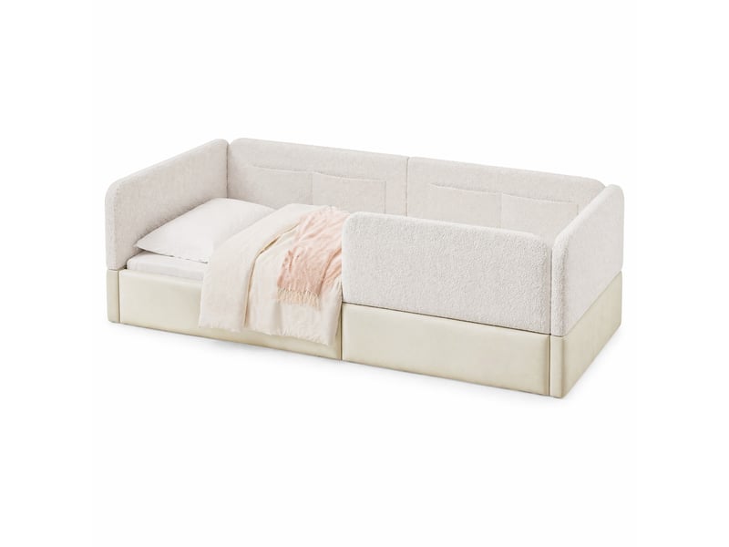  Modenvie lit plateforme capitonné 90x200 cm - avec barrières et poches de rangement - pour chambre d'enfant - blanc  - Conforama A