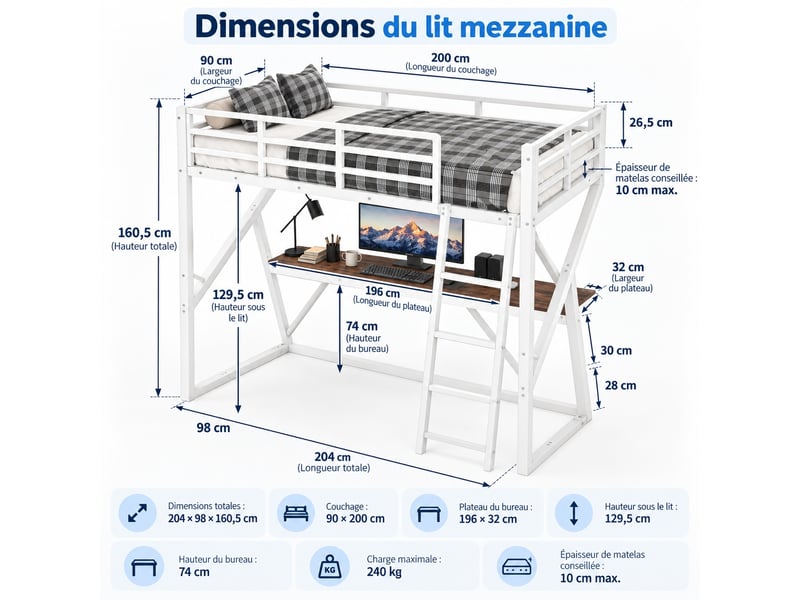  Lit mezzanine enfant 90 x 200 cm en métal avec bureau, led multicolore, échelle et barrières, gain de place, blanc  - Conforama C