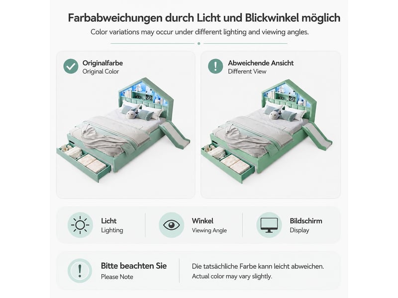  Lit enfant 140 x 200 cm lit double coloris bleu-vert structure de lit cabane rembourrée rangement sous le lit grand format étagère intégrée éclairage led port de charge toboggan réversible gauche ou droite  - Conforama B