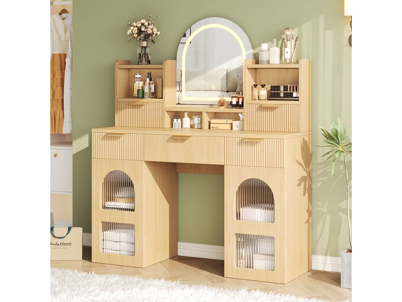  Grande coiffeuse led avec miroir et rangement - 3 tiroirs, 2 vitrines, étagères réglables, bois naturel, 120 x 40 x 139,5 cm  - Conforama W
