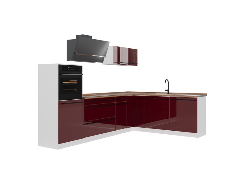 Vicco cuisine en angle, rouge brillantblanc, 287 x cm plan de travail chêne doré - Conforama A