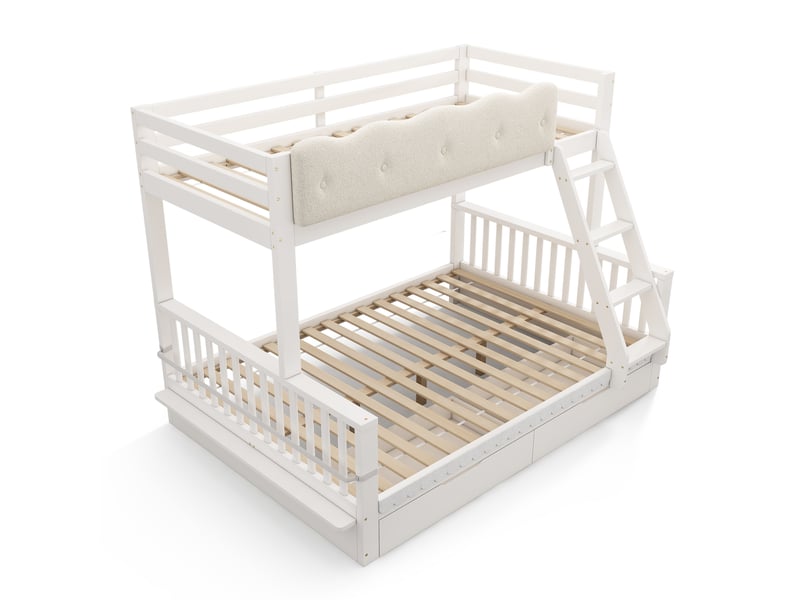  Lit superposé pour enfants 90 x 200 140 x 200 cm, avec barrières de sécurité en forme de nuages, tiroirs et porte-revues, blanc  - Conforama R
