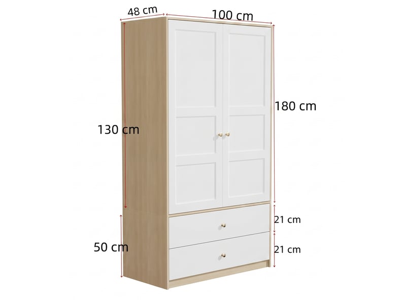  Armoire 2 portes 100 x 48 x 180 cm avec penderie et 2 tiroirs, grand rangement pour chambre et entrée, design moderne blanc et effet bois naturel, pour usage quotidien à la maison OPULERANE TRADING LTD - Conforama C