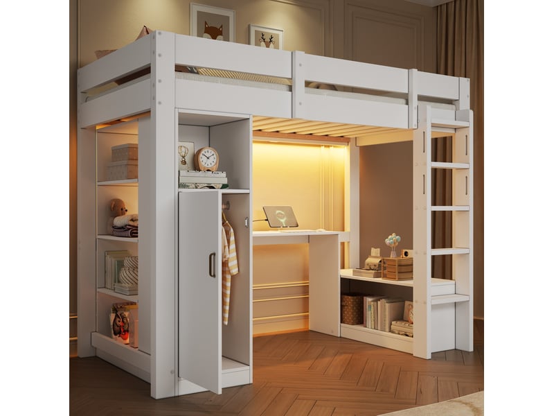 Lit mezzanine 90x200 cm avec armoire, bureau, led et prise usb blanche - Conforama B