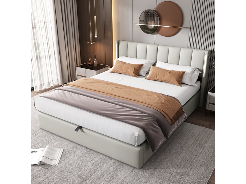  Lit coffre 140x190 cm avec éclairage led, port usb, rangement hydraulique et tête de lit réglable, pu gris  - Conforama B