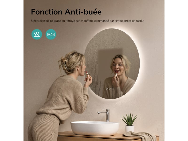 Emke miroir de salle de bain led rond diamètre 70 cm, anti-buée, rétro-éclairage sans cadre, interrupteur tactile, 3 couleurs de lumière - Conforama D