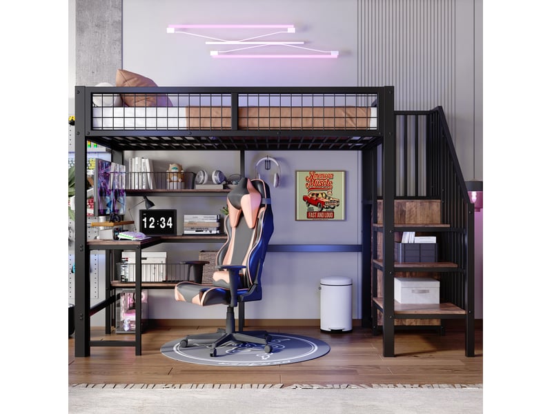 Lit mezzanine 90x200 cm, avec bureau intégré, rangements et armoire, mdf et métal, noir, marron, sécurisé, sans matelas  - Conforama B