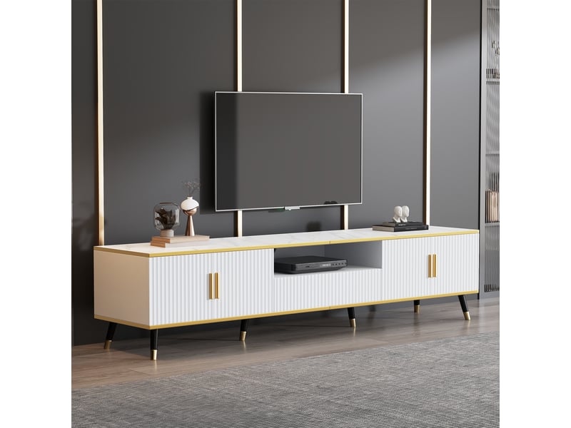  Meuble tv 200 cm effet marbre blanc et or avec rangement  - Conforama B