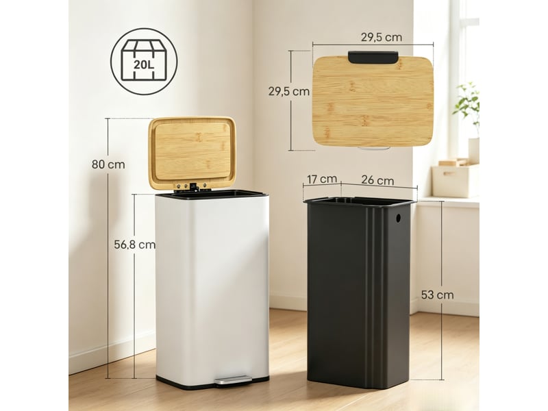  Poubelle de cuisine 20 l blanche à pédale, couvercle bambou soft-close, bac amovible  - Conforama C