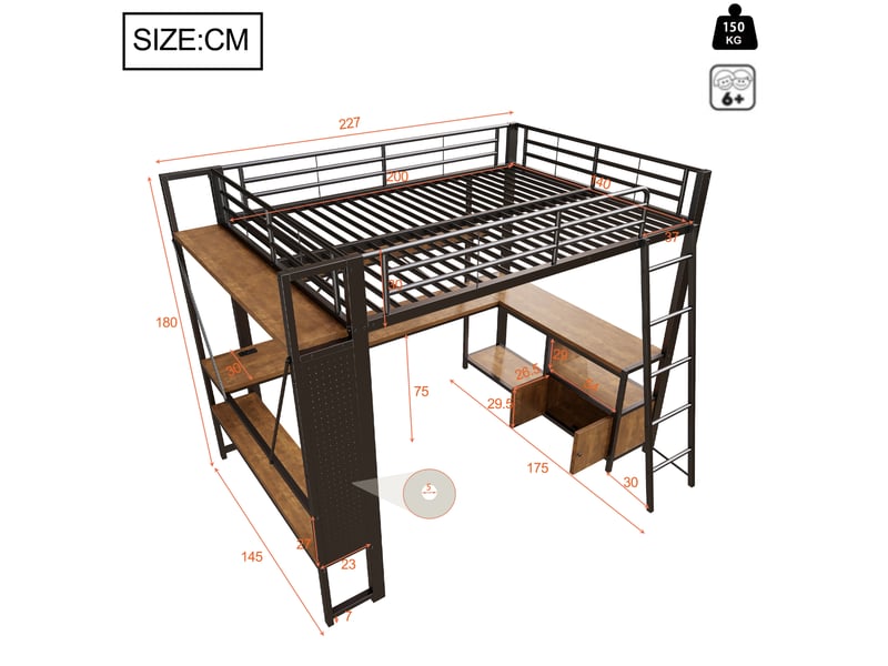  Lit mezzanine 140x200 cm avec bureau, led et rangements noir  - Conforama C