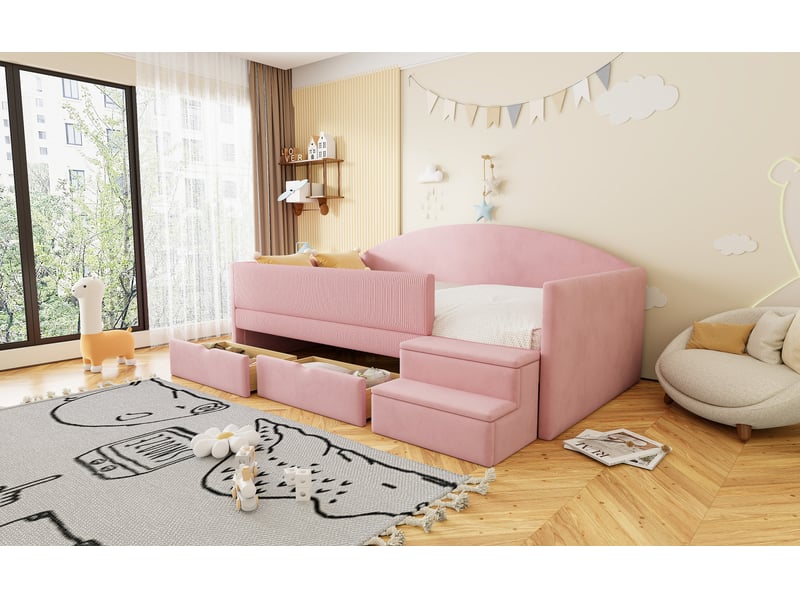 Lit enfant rembourré convertible canapé 90x190 cm multifonction tiroirs barrières sécurité échelle velours doux sans matelas rose  - Conforama D