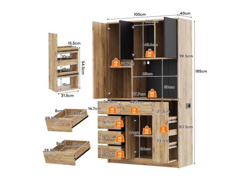  Buffet haut 105x40x185 cm noir et naturel mdf, 4 tiroirs, led, prises usb et type c, rangement cuisine  - Conforama C