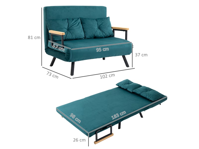 Canapé convertible 2 places avec dossier réglable à 5 niveaux et 2 coussins rembourrés, vert canard, revêtement velours - Conforama C