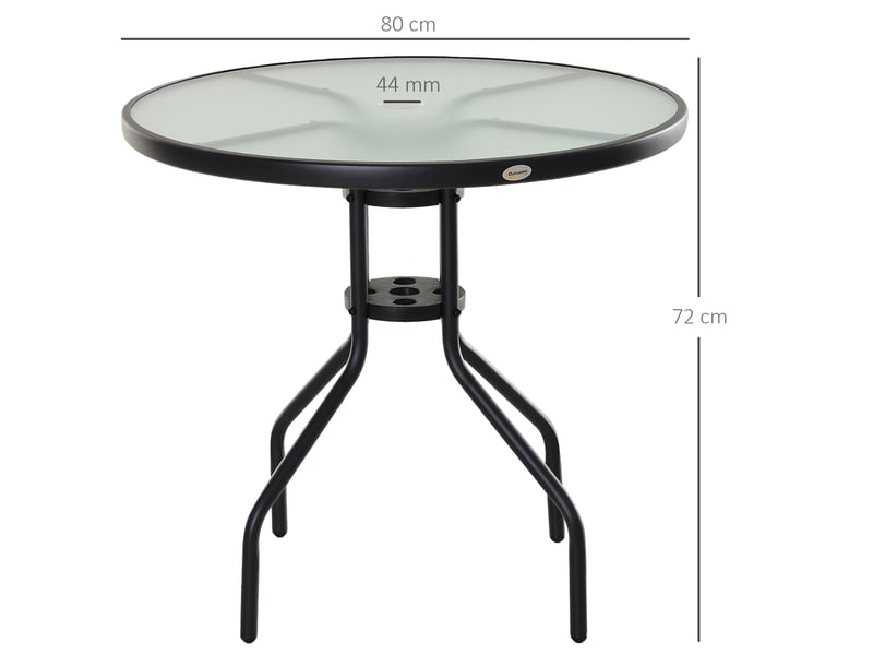  Table de jardin en acier noir avec plateau en verre trempé et trou pour parasol, ф80 x 72 cm  - Conforama E