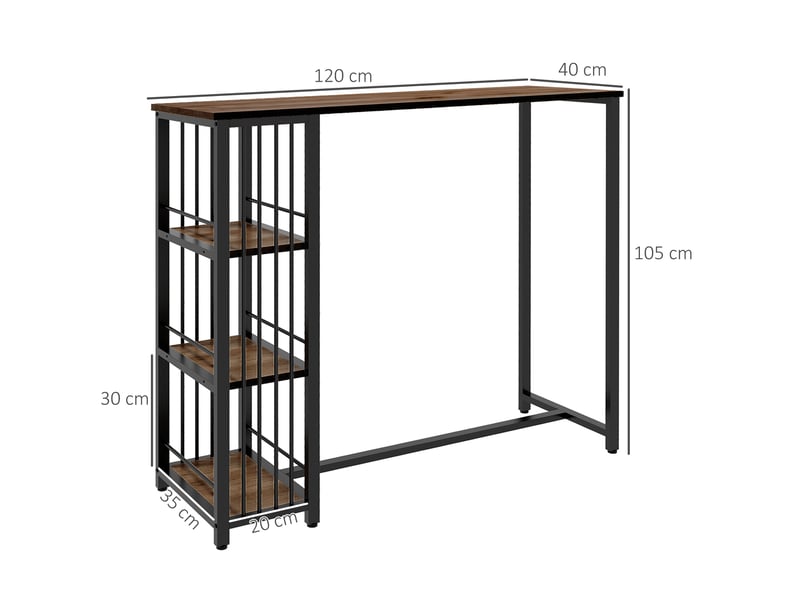 Table haute de cuisine à 3 étagères, table de bar haute pour 2 personnes, pieds en acier pour salon, 120 x 40 x 105 cm, marron et noir  - Conforama E