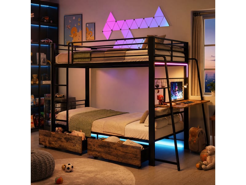  Lit mezzanine gaming 140x200 cm, bureau intégré, 2 tiroirs, led rgb musicale, usb et usb-c, panneau grille, métal noir Radiant Stride - Conforama B