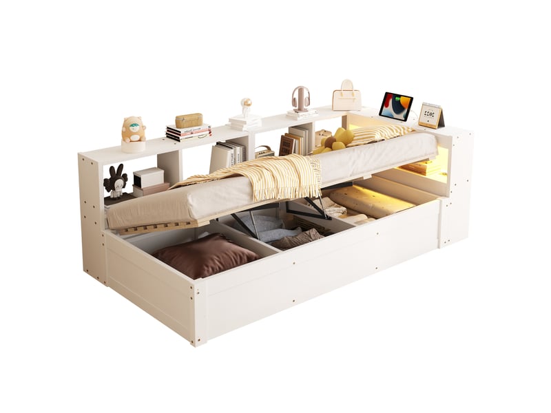  Modenvie lit coffre 1 place 90x200 cm - avec led, prise integrée et rangements - pour petit espace - blanc  - Conforama A