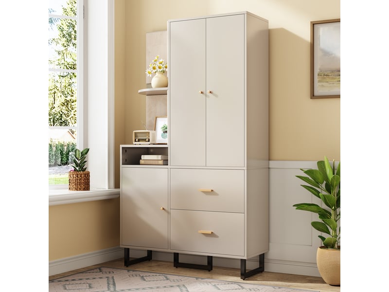  Meuble d’entrée 110x186x38 cm avec penderie, étagères, panneaux capitonnés et meuble à chaussures  - Conforama B