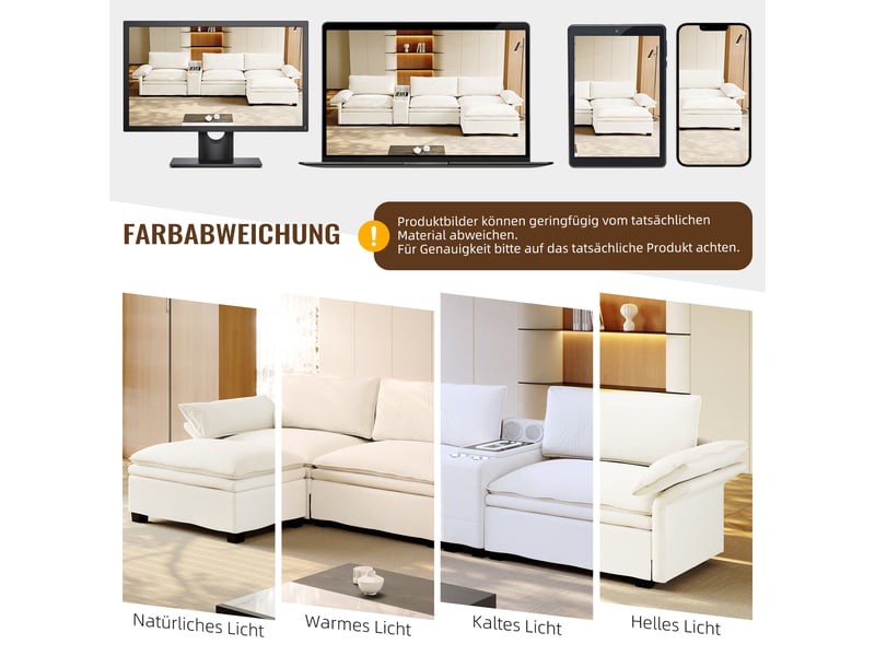 Canapé modulable en chenille angle 4 places 315 cm - recharge sans fil, rangement, lumière - Conforama E
