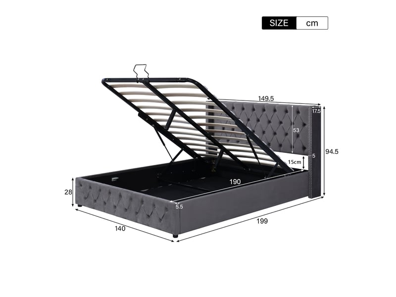  Lit coffre 140x190 cm avec rangement hydraulique, lit double capitonné style chesterfield avec boutons et double rangée de rivets, en flanelle, gris Seren Glow - Conforama C