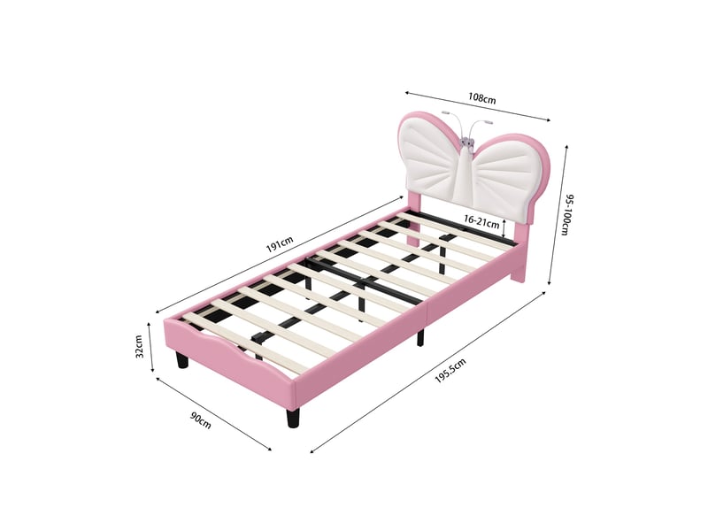  Lit enfant lit simple 90x190 cm, tête de lit papillon et lampe de lecture, style moderne, rose  - Conforama E