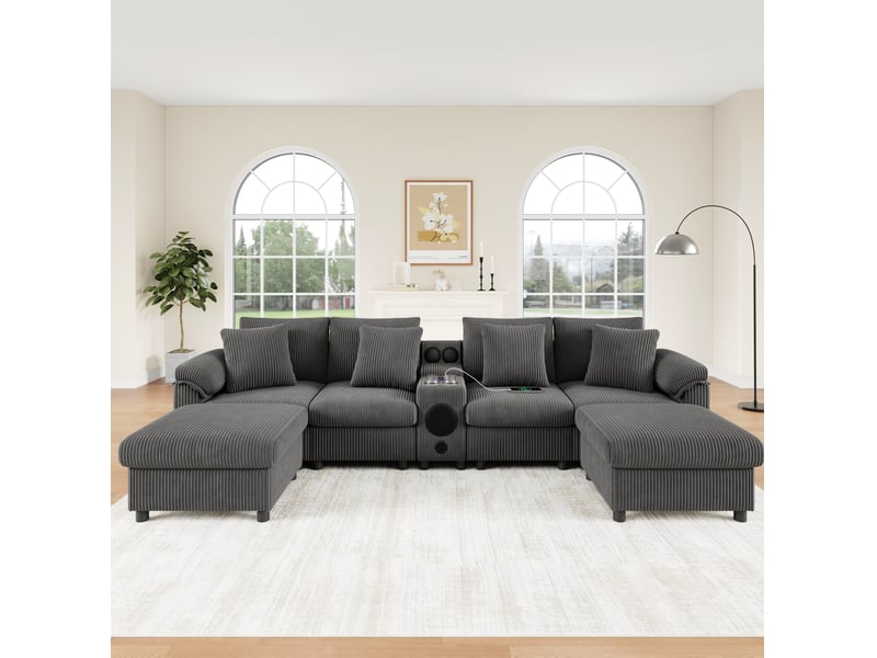  Canapé modulaire u et l 315,5x144x84,5 cm avec console, bluetooth, usb et charge sans fil, velours côtelé gris  - Conforama D