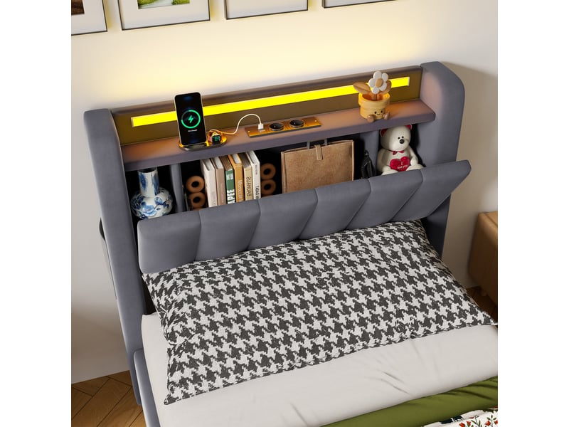  Lit coffre simple 90 x 190 cm en velours, lit avec led, usb et rangement hydraulique, sans matelas  - Conforama E