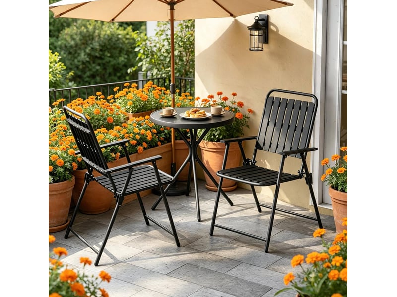  Salon de jardin 3 pièces pliant avec table ronde en verre et 2 chaises noires  - Conforama D