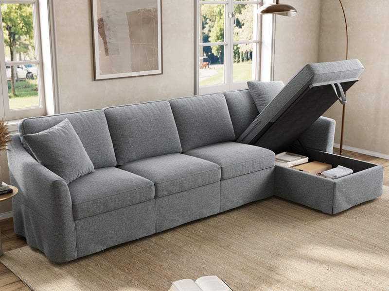  Canapé d'angle en l, 4 places, avec méridienne et coffre de rangement, housses amovibles/lavables coton-lin, gris, 274x128,5x83cm  - Conforama B