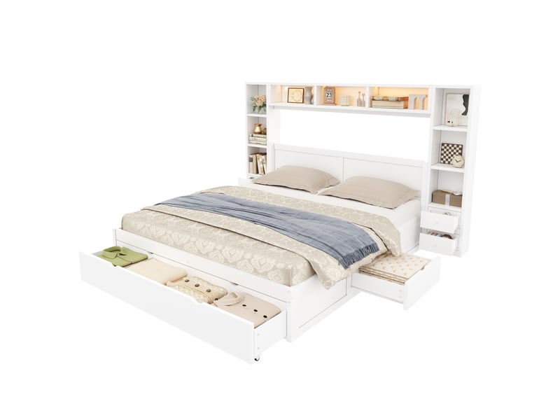  Lit double 140 × 200 cm avec 7 tiroirs, niches de rangement et éclairage led réglable en mdf pour chambre, blanc  - Conforama A