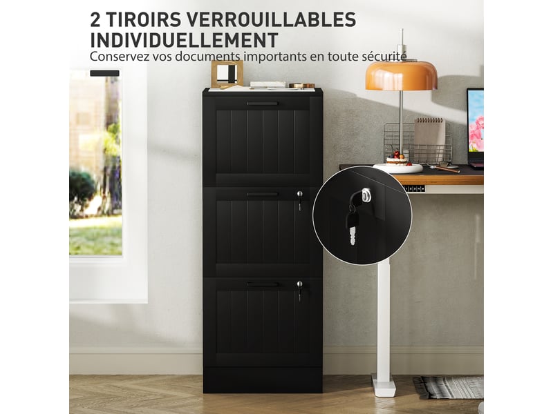  Caisson bureau, meuble rangement bois 3 tiroirs et serrure, barres de suspension réglables, noir, 40 x 40 x 101 cm  - Conforama R